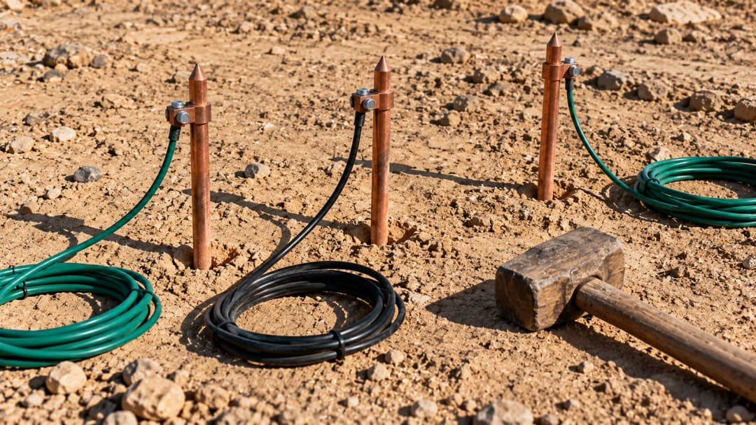Copper-clad earth spikes driven into dry sandy ground in a line, with coiled green and black test leads and a mallet laid out beside them in harsh sunlight