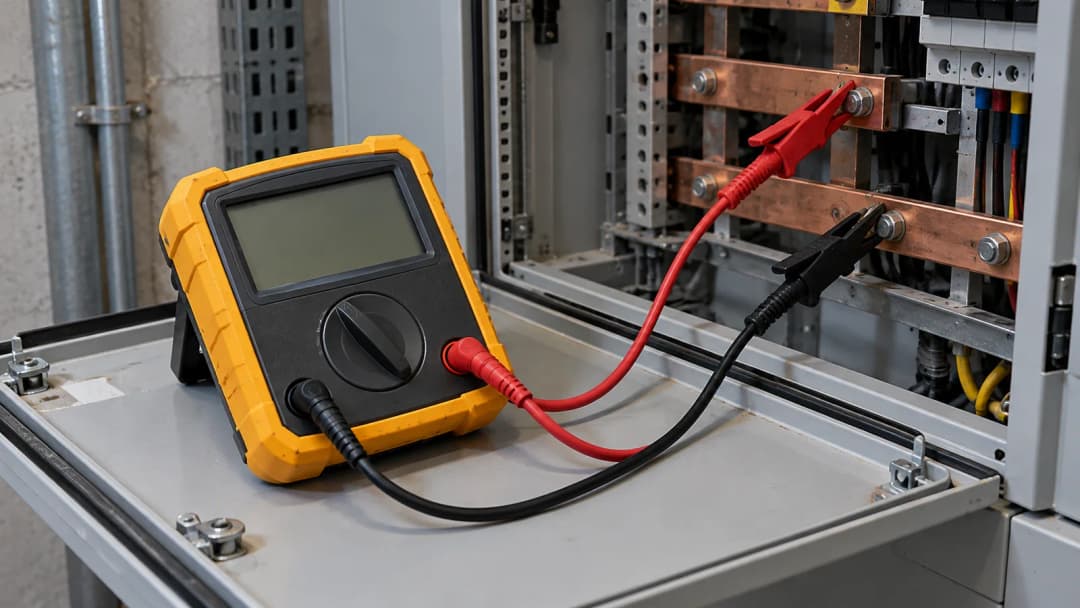 A handheld insulation resistance tester standing on the open door of an electrical panel, its red and black leads clipped to copper busbars inside the enclosure